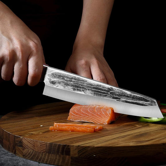 TOMBRO Chef Knife, 8.15" Forged Bunka Sashimi Knife, High Carbon Steel Kiritsuke Kitchen Knife with Octagonal Wooden Handle Professional for Cooking in Kitchen, Restaurant