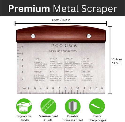 BOORIKA Dough Scraper & Bench Scraper Kitchen – Stainless Steel Sourdough Tools – Dough Cutter for Sourdough Bread, Pizza, and Flat Top Griddles – Chef Approved (Light)