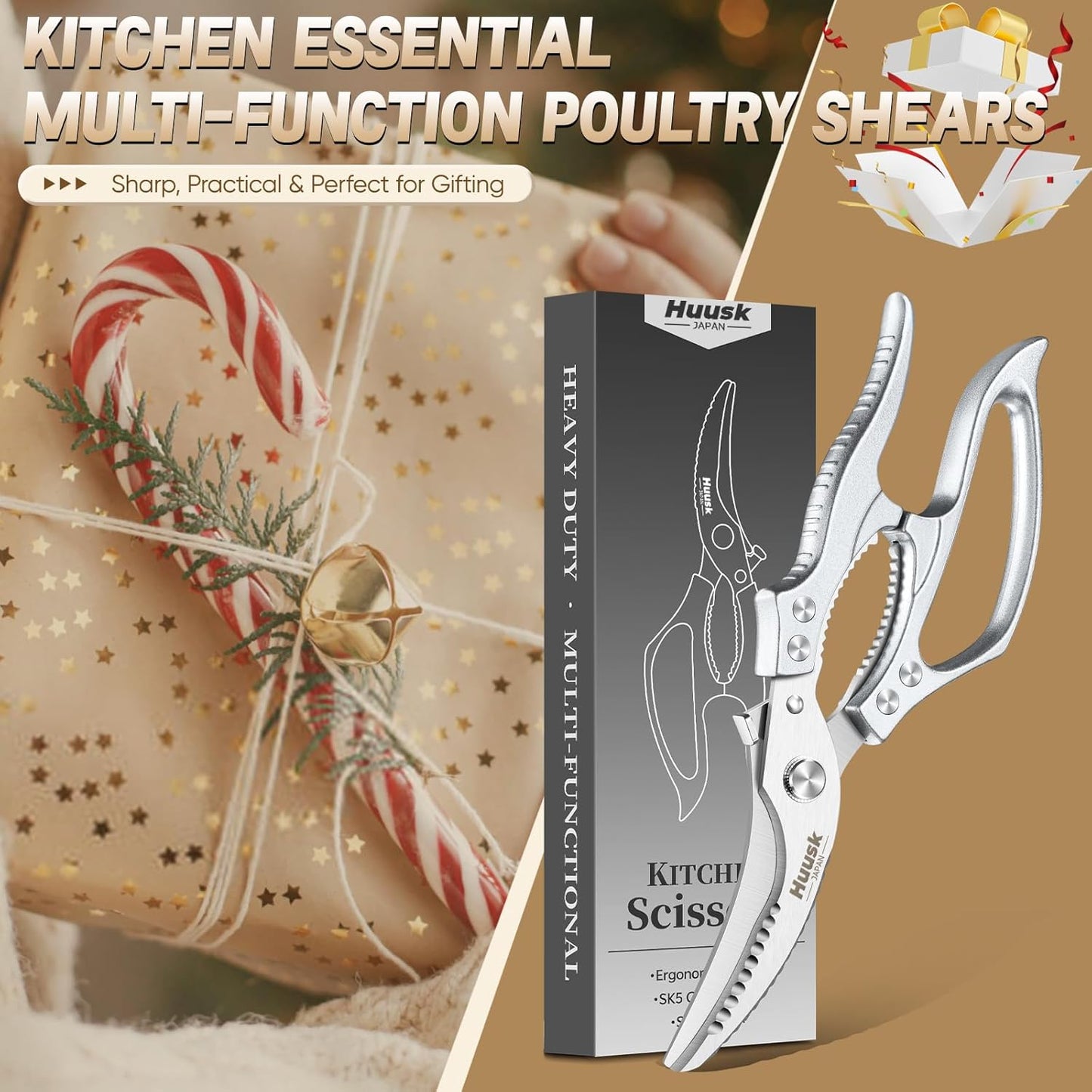 Huusk Poultry Shears Heavy Duty – All Purpose Japanese Kitchen Scissors for Chicken, Meat, Fish, Vegetables & Pizza with Ergonomic Non-Slip Red Handle, Gifts for Women Men