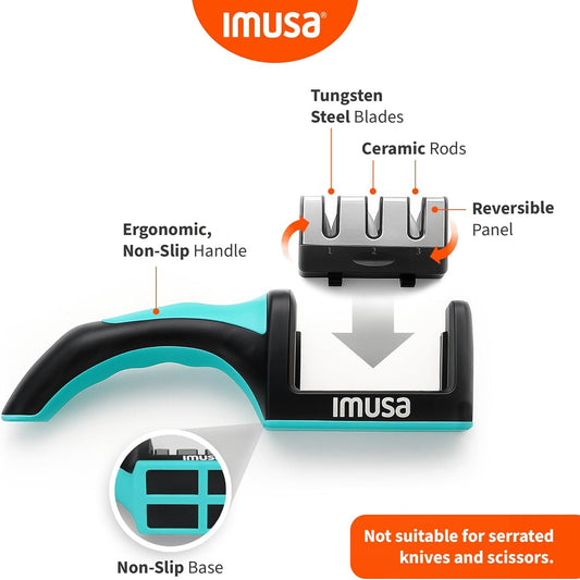 IMUSA Knife Sharpener – Kitchen Knife Sharpener with 3-Stage Stainless Steel Blade Sharpener Design – Easy to Use, Ergonomic Manual Knife Sharpening Kit with Non-Slip Base