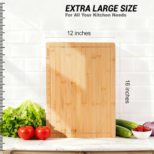 JINGNING Deep-Carbonized Bamboo Cutting Board Set for Kitchen with Wood Storage Stand, Deep Juice Grooves, Easy-Grip Handles & Non-Slip Pads, Premium Kitchen Gift