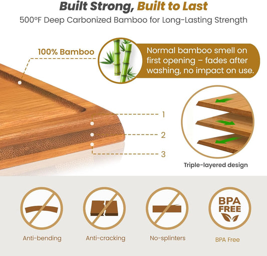 Bamboo Cutting Board Set with Stand, 3PCS Double-Sided Chopping Boards for Kitchen Meal Prep & Serving, Charcuterie, Juice Grooves & Side Handle, Ideal for Meat, Vegetables, Kitchen Essentials, Brown
