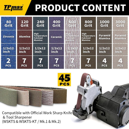 45-Piece 1/2" x 12" Knife Sharpener Sanding Belt Kit for Work Sharp Knife & Tool Sharpener (WSKTS & WSKTS-KT/Mk.1 & Mk.2) - Multiple Grits