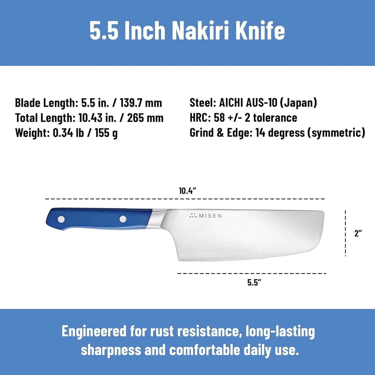 Misen 5.5” Nakiri Knife - Japanese Vegetable Knife, AICHI ACUTO440 High-Carbon Stainless Steel - Razor-Sharp 14° Edge - Compact, Rust-Resistant Kitchen Knife for Chopping, Slicing & Meal Prep - Blue