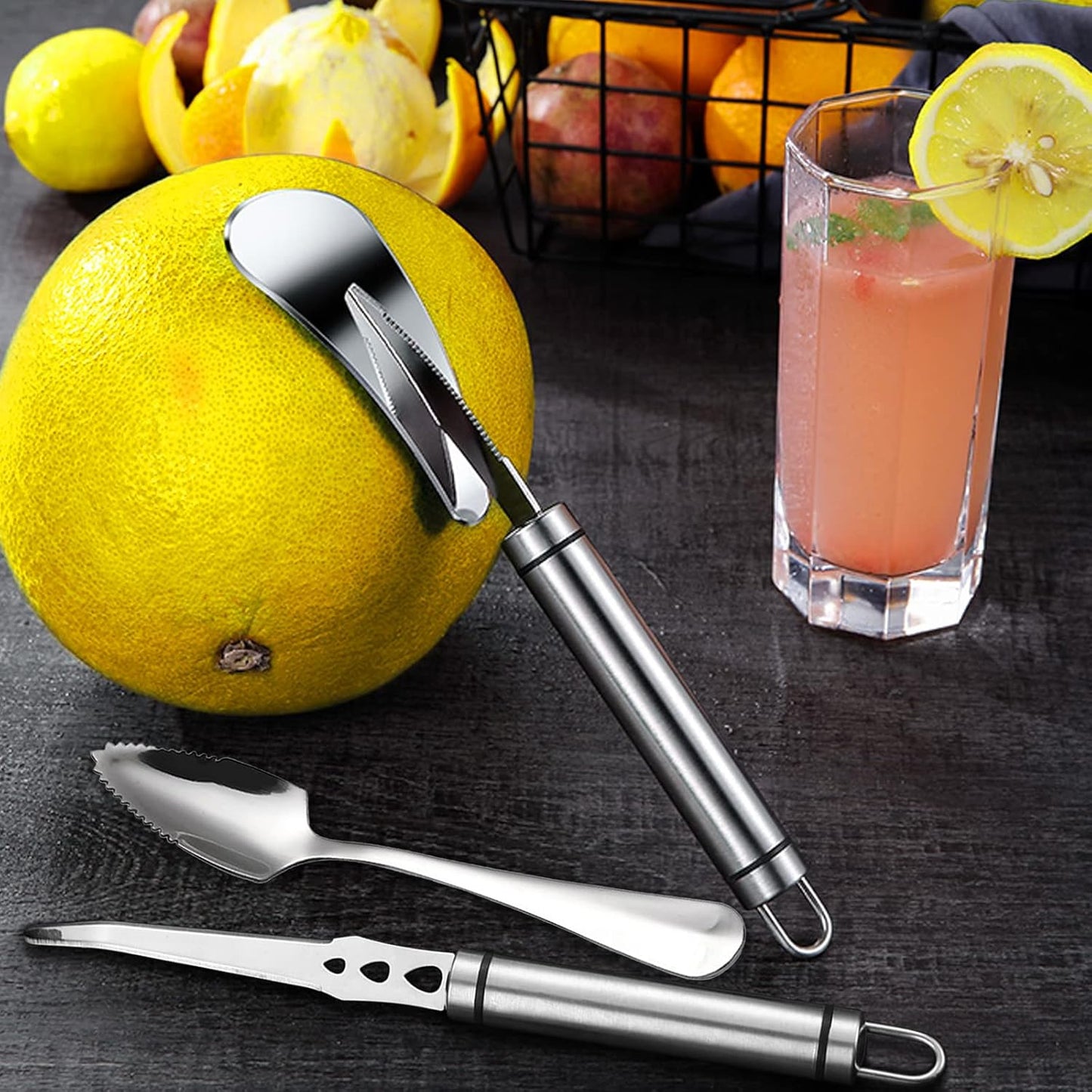 Grapefruit Knife - Curved Serrated Stainless Steel, Pack of 2 with 2 Pcs Spoons, for Grapefruit & Oranges
