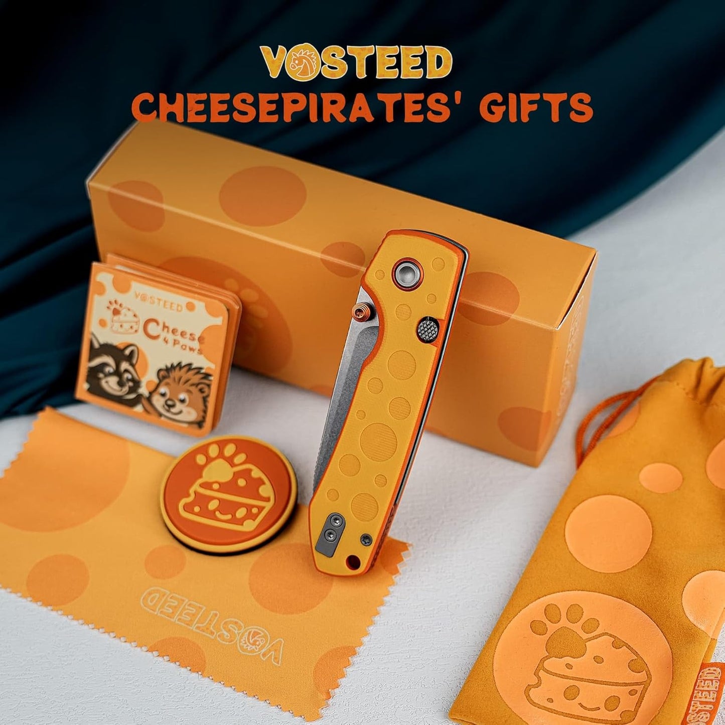 Vosteed CheesePirates® EDC Pocket Knife - Raccoon, 3.25" 14C28N Stonewash Blade - Top Liner Lock, Cheese Orb G10 Handle - A2932