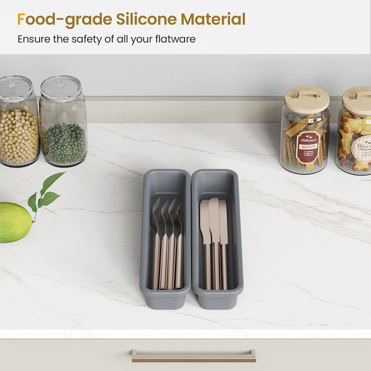 7 Pack Silicone Silverware Drawer Organizer, DIY Free Combination Kitchen Drawer Organizer, Utensil Organizer, Moisture-proof and Heat-resistant up to 200°C, Anti-slip Design (Grey)