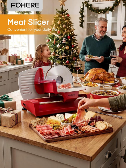 FOHERE 250W Meat Slicer Machine for Home, Electric Food Slicer with Stainless Steel Tray & Three 7.5" Stainless Steel Blade, 0-15mm Precise Thickness Deli Meat Slicer for Bread Fruit Vegetable (Red)