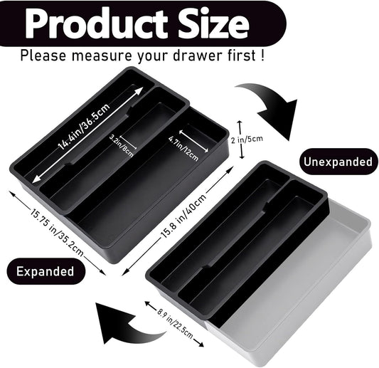 Kitchen Utensil Drawer Organizer, Expandable Cooking Silverware Tray, Adjustable Cutlery Flatware Holder for Spoon Fork Knife, 3 Compartments Black Plastic Spatula Tools Gadgets Storage Divider