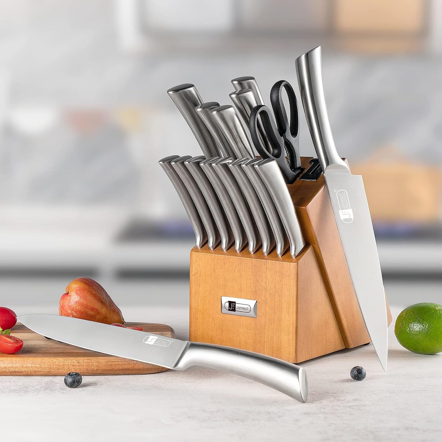 Knife Set, 17 Piece Dishwasher Safe Kitchen Knife Set with Block Super Sharp Stainless Steel Knife Sets for Kitchen with Block, Scissors & Built-in Sharpener
