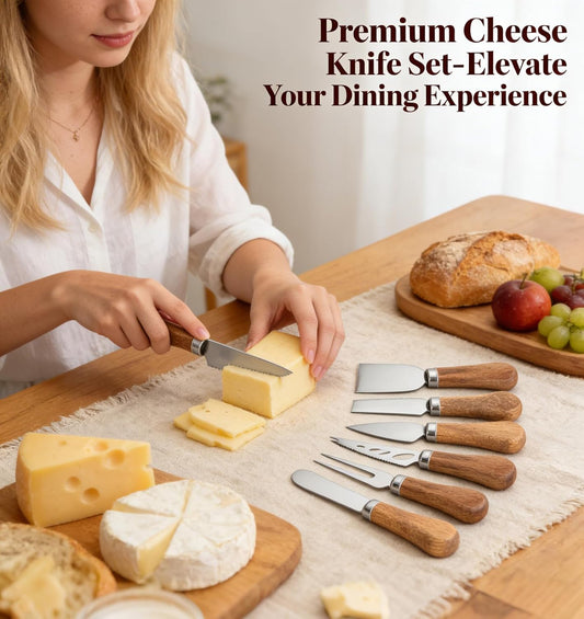 6 Piece Cheese Knives Set with Wooden Handle, Stainless Steel Mini Cheese Knives for Charcuterie & Cheese Spread, Ideal for Cheese Slicing and Butter Cutting (Acacia)