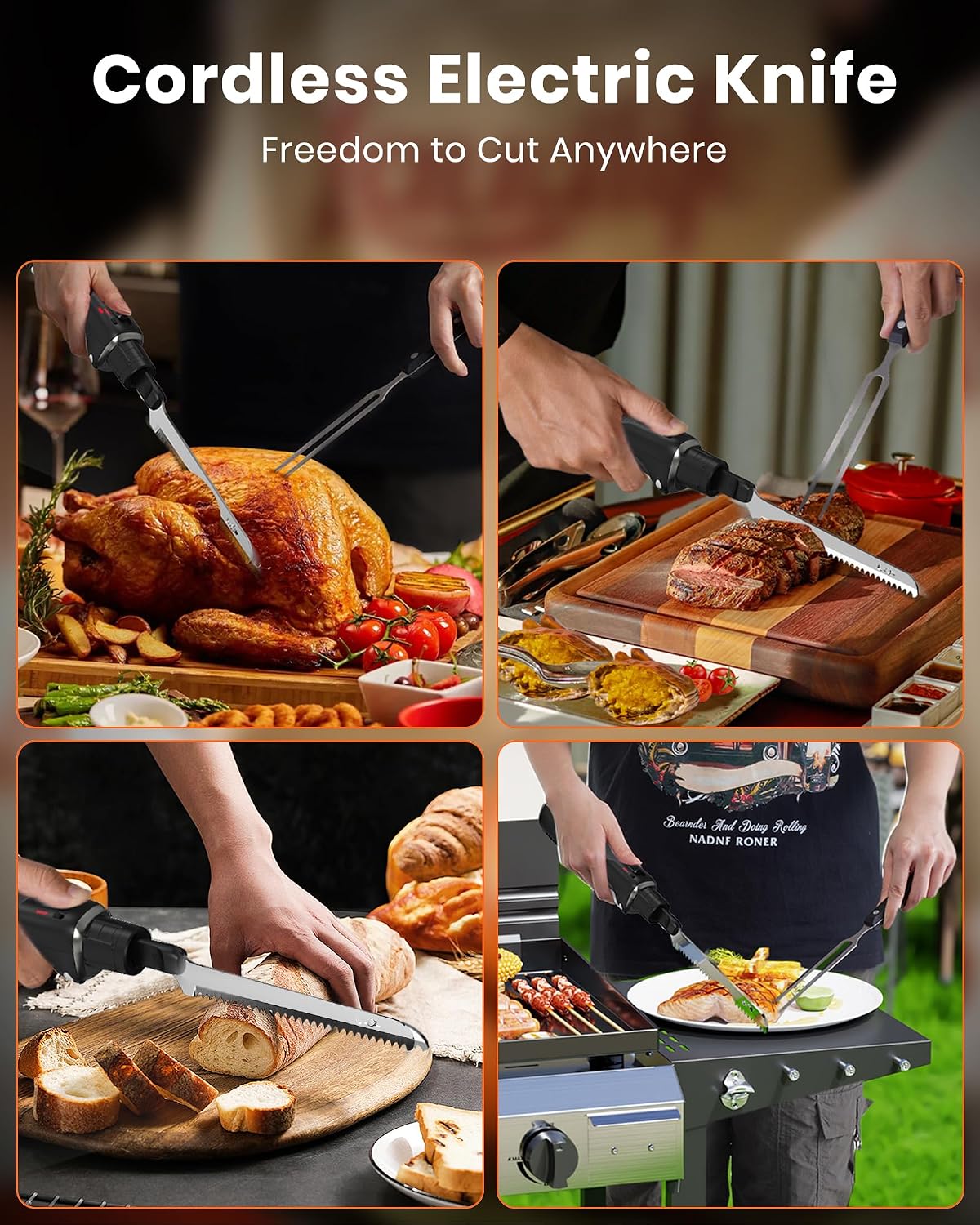 LAUDLIFE Electric Knife, Cordless Cutting Knife, Ergonomic Design with Comfortable Contoured Grip Rechargeable Easy-Slice Electric Carving Blade for Meat Slicing, Bread, Fillet, Turkey, Black