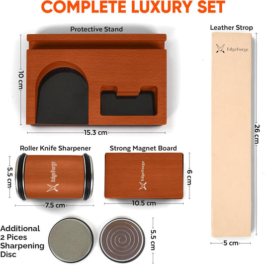 Rolling Knife Sharpener Kit – Diamond & Ceramic Knife Sharpener Set with Magnetic 15° & 20° Angle Guide, 4 Sharpening Discs, Leather Strop & Stand, Manual Kitchen Knife Sharpening Tool Gift Set
