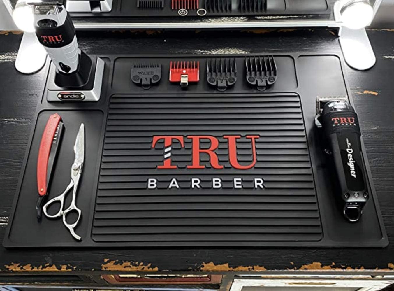 TRU BARBER Organizer Mat 18" X 13' (BLACK) Flexible PVC Station Mat, Salon Barbershop Work Station Pads, Beauty Salon Tools, Anti-Slip