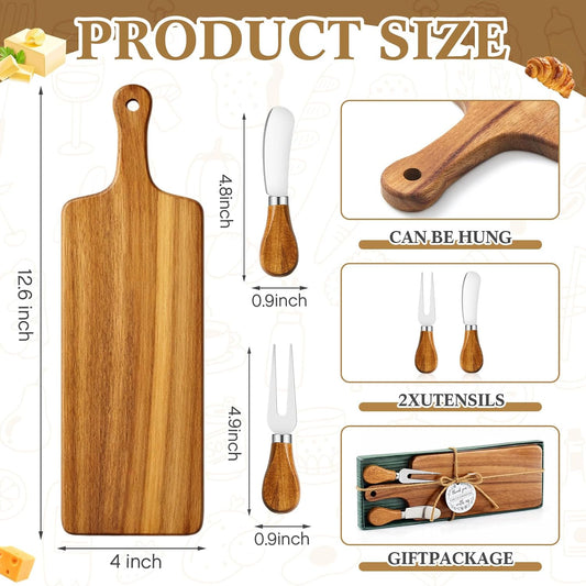 Ziliny 2 Sets Bridal Baby Shower Prizes Wooden Square Cheese Board Gift Set Knives Forks Thank You Tags with Box for Guests for Bridal Baby Shower Wedding Housewarming (Acacia Color)