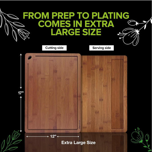 Bamboo Chopping Board, Durable Chopping Board Bamboo with Deep Juice Grooves & Built-in Handles - Carbonized Wooden Chopping Boards Ideal Charcuterie Double-Sided Serving Tray for Kitchen