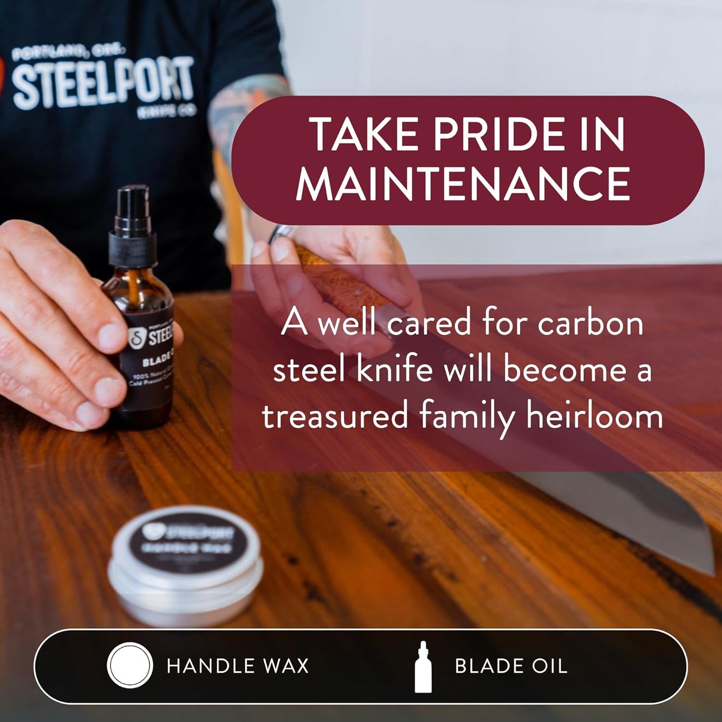 STEELPORT Knife Maintenance Gift Set | 12” Oval Ceramic Honing Rod, Carbon Steel Knife Care Kit (Camellia Oil, Handle Wax) | USA Made Professional Blade Maintaining, Wood Conditioning Oil, Wax Set