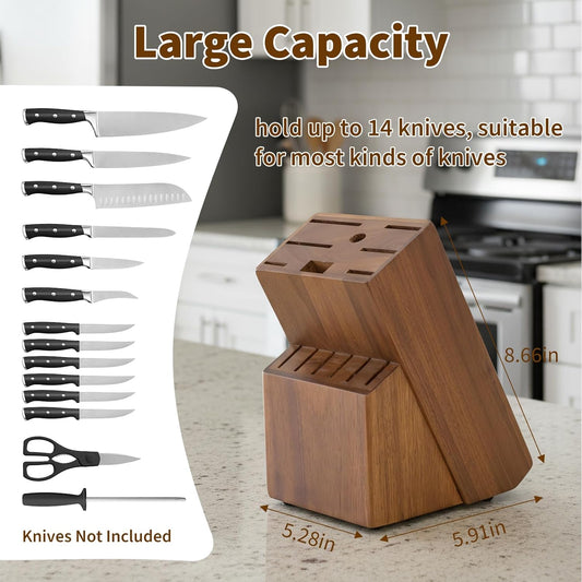 14-Slot Knife Block Compatible with Cuisinart,Rubberwood Block Knife Storage Organizer for Kitchen,Anti-Slip And Drainage Base