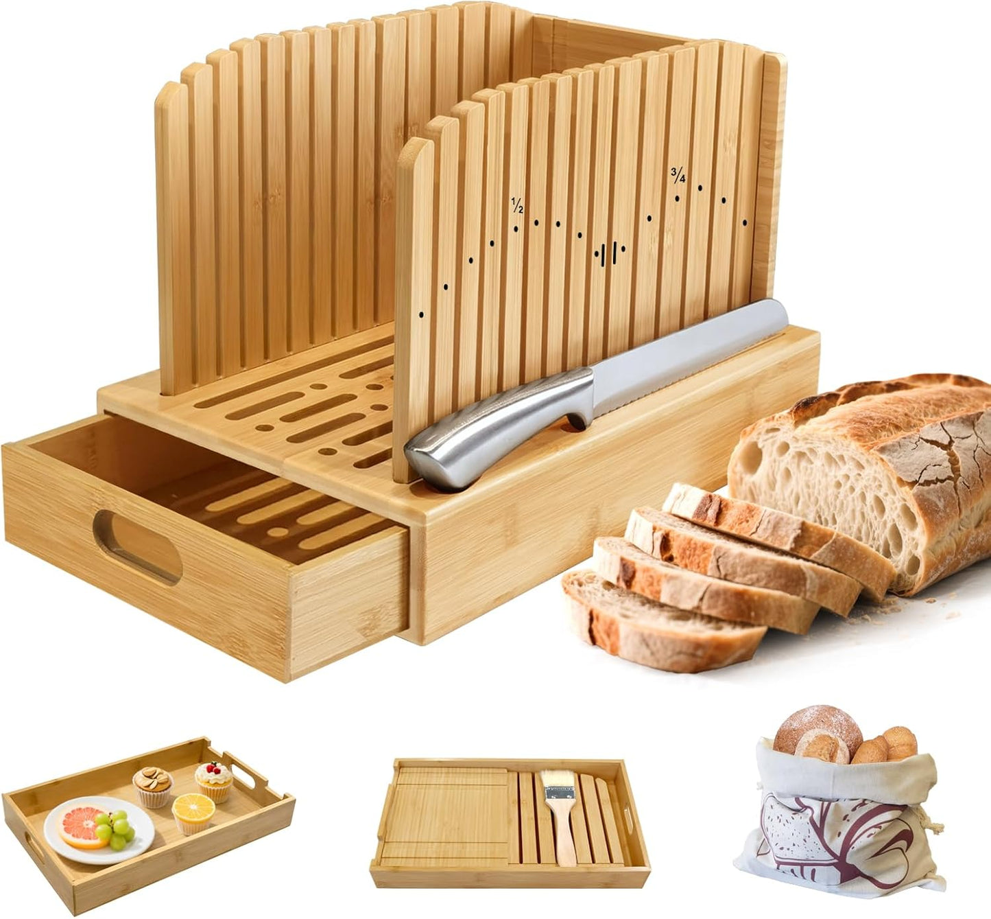 Bread Slicer for Homemade Bread, 5-Piece Bamboo Sourdough Bread Cutter Kit with Knife & Crumb Tray& Bread Bag, Manual Loaf Slicer Adjustable Bread Slicer Guide for Bagels, Sandwiches, Baking Tools