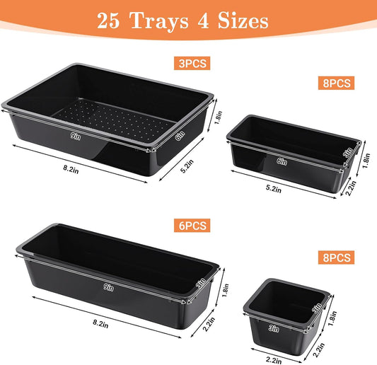 SpaceHacks 25 PCS Plastic Drawer Organizer Set, 4-Size Versatile Organizer Trays & storage Bins for Makeup, Jewelry, and Gadgets in Bathroom, Bedroom and Office,Clear Black