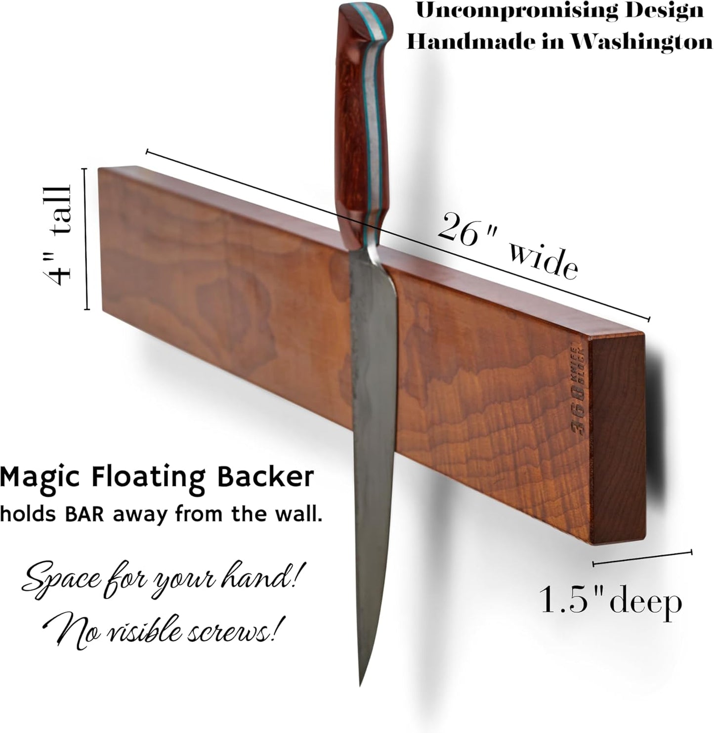 360KnifeBlock magnetic knife BAR - Guitar Wood - 2 Rows of Magnets, 'magic floating backer' w/level system, 2"screws - handmade in Washington (Guitar wood, 18" wide)