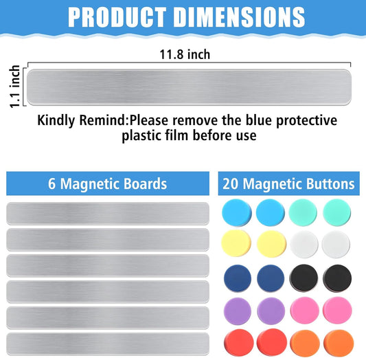 6Pcs Magnetic Strip, Metal Magnet Board with 20 pcs Colorful Magnet, Frameless Magnetic Strips with Adhesive Backing for DIY, Art Projects, whiteboards & Fridge