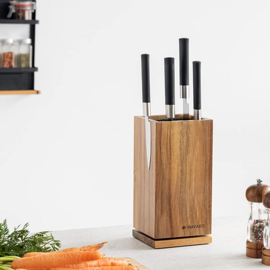 Navaris Bamboo Kitchen Knife Block - Magnetic Rotating Bristle Knife Holder - Universal Knife Block Storage Stand with Bristles - 9.8" x 4.9" x 4.9"