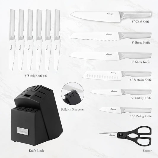 Knife Block Set, Japanese Stainless Steel Kitchen Knife Set with Built-in Sharpener, Sharp Knives with Non-slip Ergonomic Handle - Dishwasher Safe, Home Essential Gifts