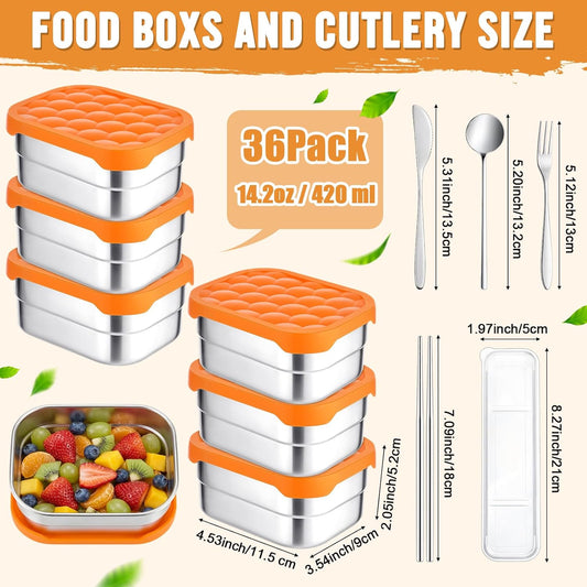 36 Pcs Stainless Steel Containers with Silicone Lids 14 oz Reusable Food Snack Containers Easy Open Lunch Box Include Chopsticks Knife Fork Spoon with Case for Travel Meal Prep Food Storage