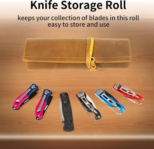 Leather Knife Display Bag with 12 Slots Pocket Knives,Folding Knife Holder Organizer,Tactical Outdoor for EDC Mini Knife Bags, Leather Knife roll Collection Protector Bag (Brown)