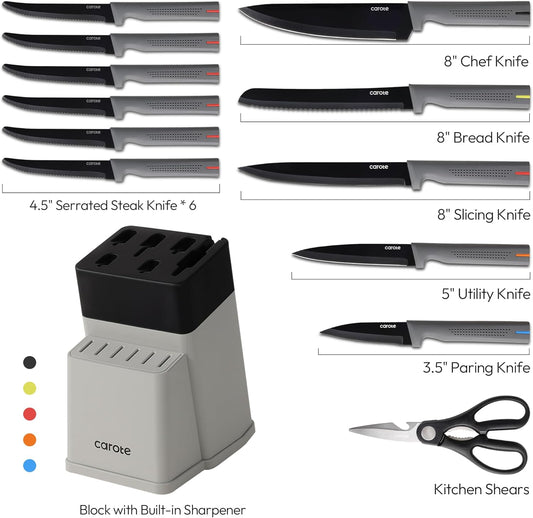 CAROTE 14Pcs Kitchen Knife Set, Stainless Steel knife set with ABS Block, Rustproof Cutlery with Ceramic Surface, 6 Steak Knives