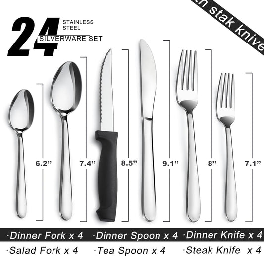 Pleafind 72-Pieces Silverware Set for 12, Flatware Set with Steak Knives, Stainless Steel Cutlery Set, Include Forks Spoons and Knives Set, Dishwasher Safe Utensil Sets for Home Restaurant