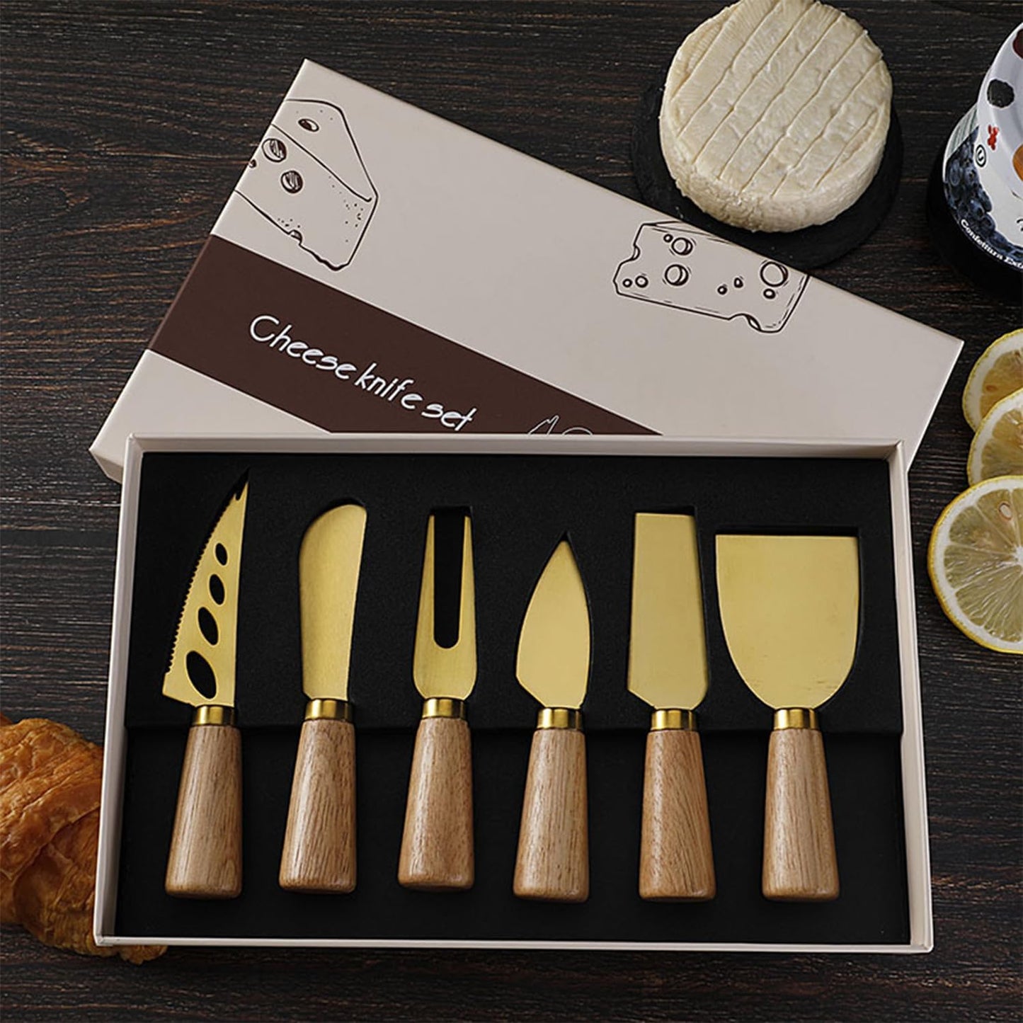 Stainless Steel Cheese Knife Set with wood Handle,Professional Cheese Slicer, Spreader & Fork for Charcuterie Boards, Cheese Platters, Kitchen & Entertaining, Christmas Gift for Women & Men (4)