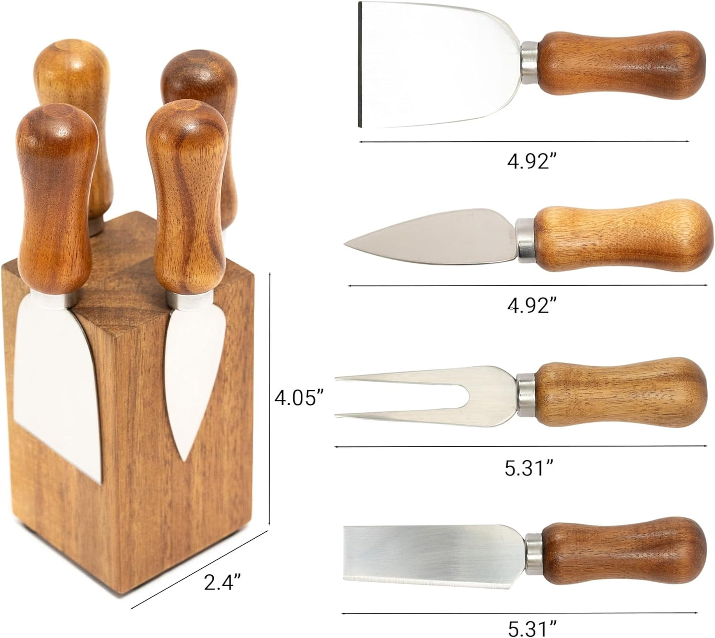 French Culinary Institute Premium Cheese Knife Set with Magnetic Block, Natural Acacia Wood & Stainless Steel