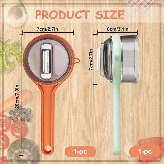 2 Pack Vegetable Peeler with Container, Double-Sided Stainless Steel Blade Peeling Knife with Storage Box, Veggie Peeler with Catcher Bucket for Home Kitchen Fruit Supplies (Orange & Green)