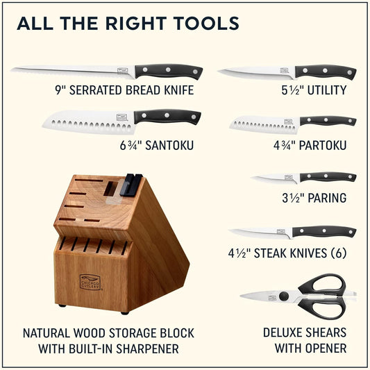 Chicago Cutlery Ellsworth (13-PC) Kitchen Knife Block Set With Wooden Block & Built-In Sharpener, Ergonomic Handles and Stainless Steel Professional Chef Knife Set & Scissors With Bottle Opener