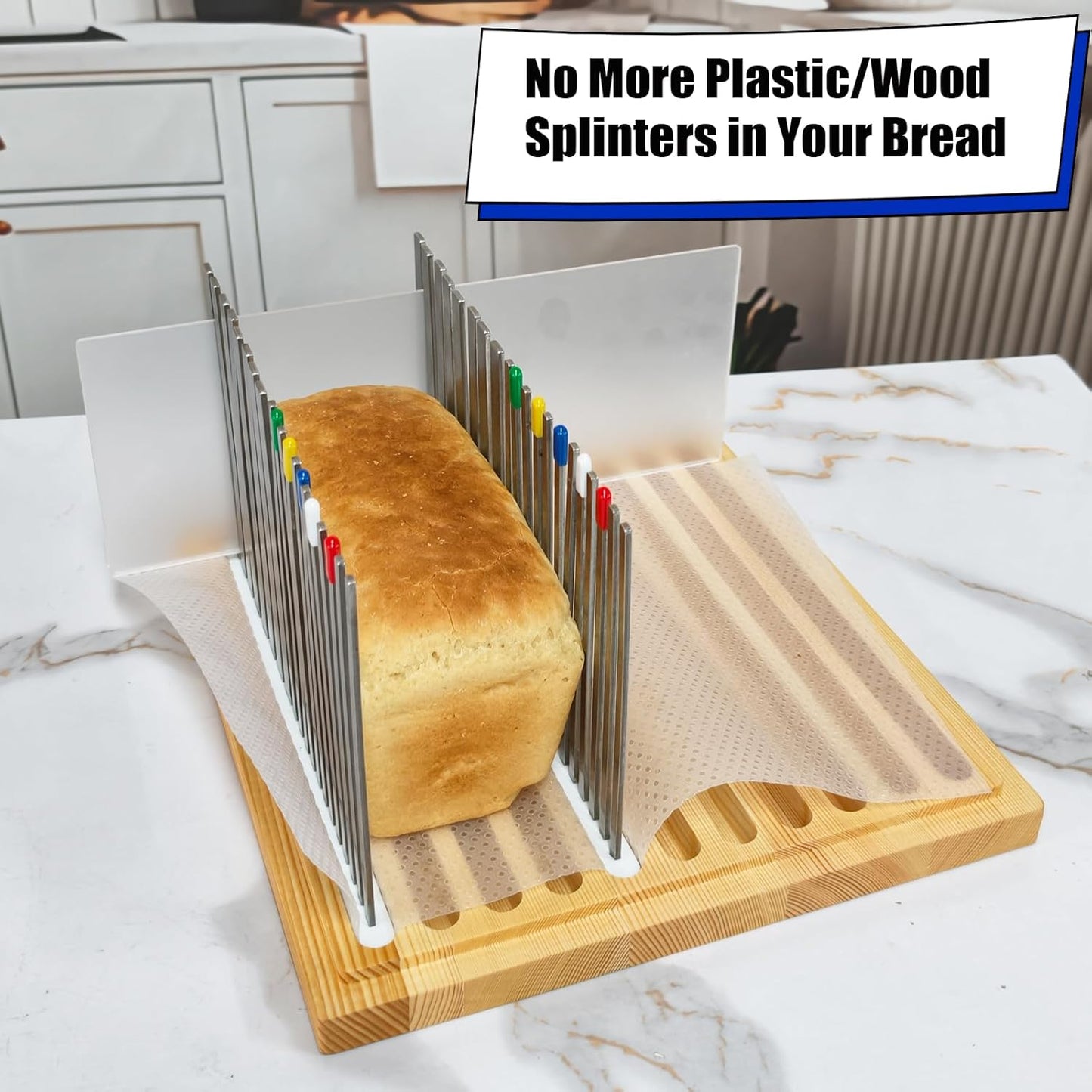 Wooden Bread Slicer for Homemade Bread, Stainless Steel Bread Slicing Guide with 20 Liners, 2 Thickness Cutting Guide with Crumb Tray, 7in Adjustable Width for Bread (7inch Slicer)