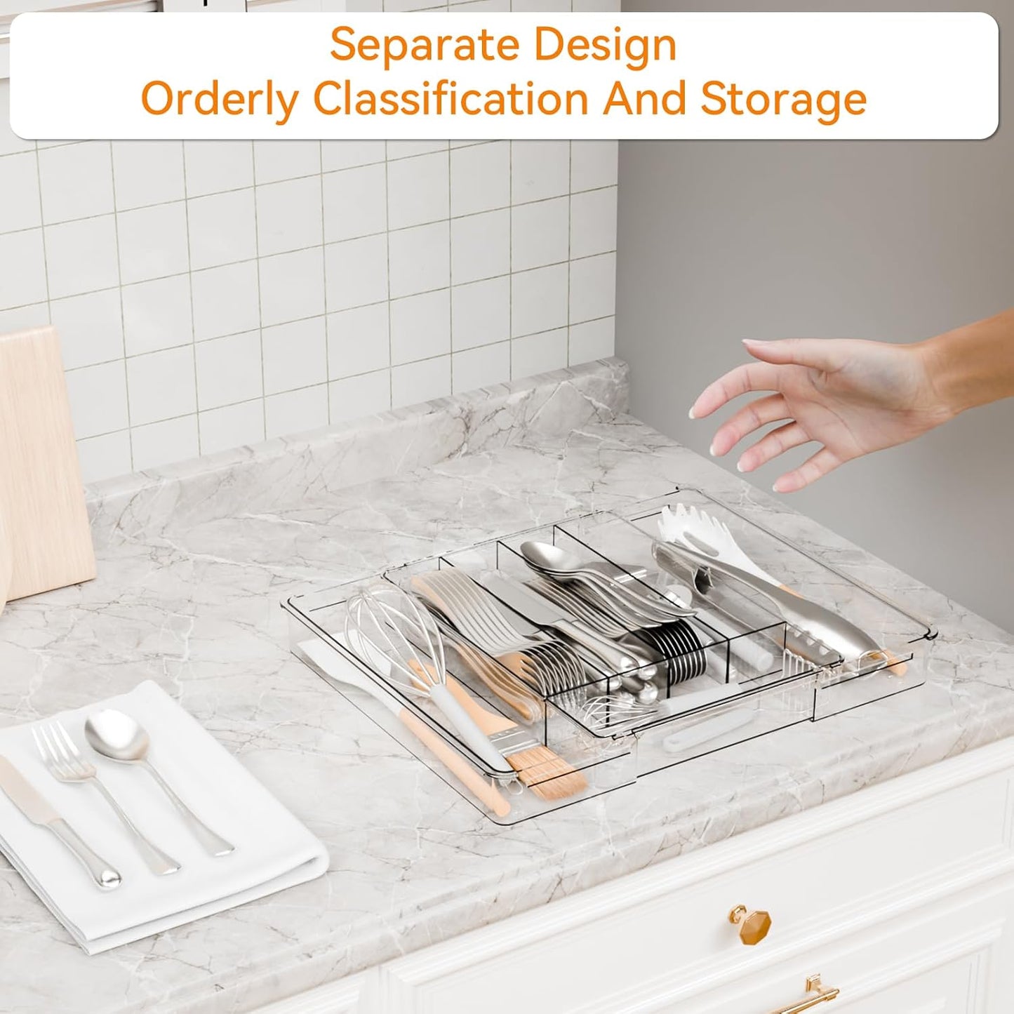 Yieach Large Clear Expandable Silverware Drawer Organizer for Kitchen,BPA FREE Adjustable Utensil Drawer Organizer and Silverware Tray,Plastic Flatware Organizers,Cutlery,Knife,Fork and Spoon Holder