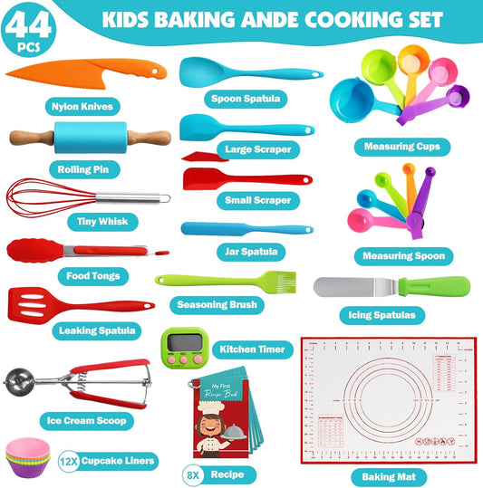37PCS Kids Cooking Sets Real, Kids Cooking and Baking Gift Set with Storage Case Timer Kid Safe Knives Cutting Board, Toddler Real Kitchen Accessories, Birthday Gifts for Girls Boys Age 3 - 8
