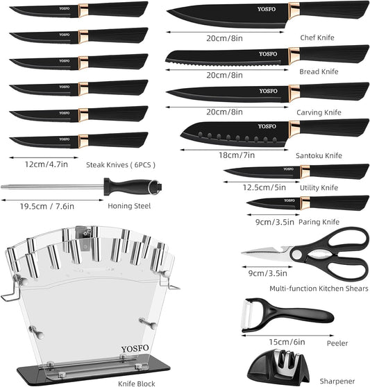 Kitchen Knife Set with Block, Knives Set with Acrylic Stand, 17Pcs Stainless Steel Cutlery Knife Block Set includes Serrated Steak Knives Set, Chef Santoku Knives, Scissor, Sharpener and Holder
