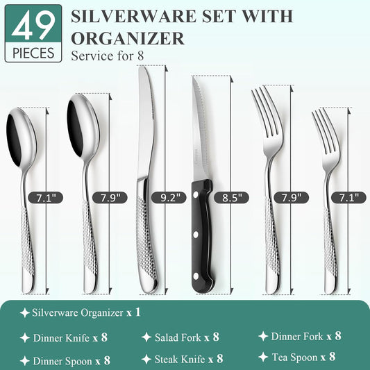 49-Piece Silverware Set with Bamboo Organizer for 8, Heavy-Duty Flatware Set with Steak Knives, Rust-Proof & Mirror Polished, Dishwasher Safe,Modern Hammered(organizer only for packaging)