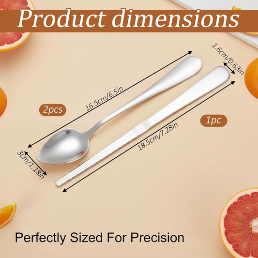 cobee 3 Pcs Grapefruit Spoons and Knife Set, Stainless Steel Flatware Set with Serrated Silver Kitchen Cutting Utensil Tool Fruit Eating Tools for Citrus Lemon Kiwi Melon Lime Fruit Puree Dessert