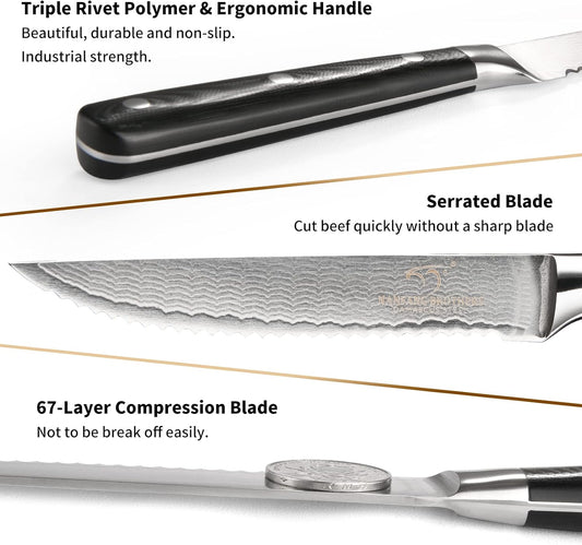 Damascus Serrated Steak Knife Set of 6 with Case, 5 Inch Serrated Steak Knife, 67 Layers Steel Blades Hand-sharpened to 15°, Non-slip G10 Ergonomic Triple Rivet Handle for Gift, Natural Wooden Box
