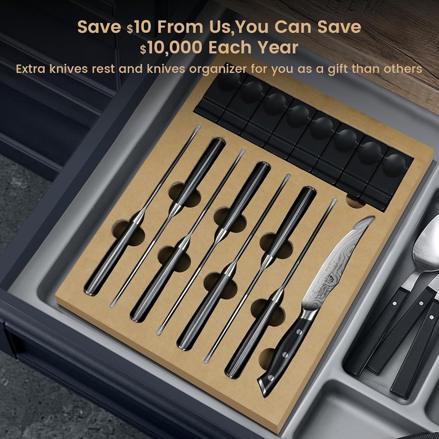 CoquusAid Steak Knives Set of 8, 4.8 Inch Straight Edge Ultra Sharp Durable Meat knives with Rest, High Carbon Stainless Steel Damascus Pattern Triple Rivet Handle, Ideal for Home Restaurant Party