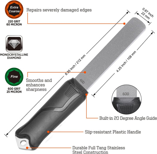 SHARPAL 120N Dual-Grit Diamond Sharpening Stone File with Angle Guide, 220/600 Grit Tool Sharpener for Lawn Mower Blades, Axes, Hatchets, Machetes, Hedge Shears, Knives, Chisels & Drills