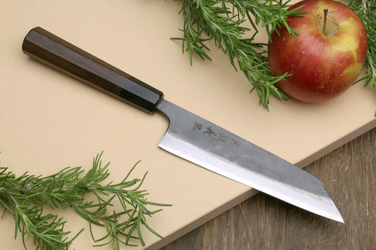 Yoshihiro Mizu Yaki Blue High Carbon Steel #1 Black Forged Petty Kiritsuke Japanese Utility Knife Shitan Handle (6'' (150mm) & Saya)