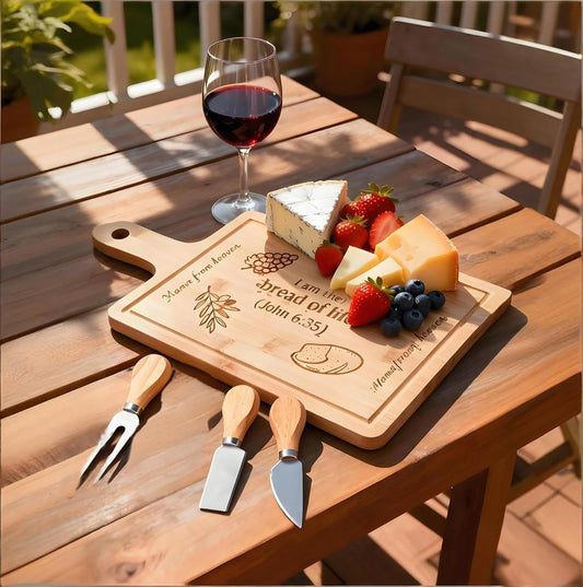 Engraved Bamboo Cheese Board with 4 Cheese Knives – “CHEESE BOARD – Share Joy”Charcuterie Serving Platter, Juice Groove & Handle, Cheese Knife Set, Gift for HostessHousewarming