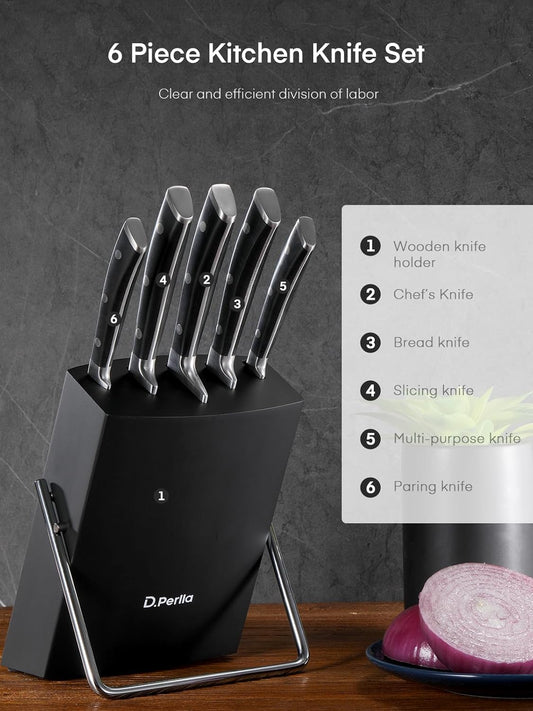 Knife Set, D.Perlla 6 Pieces Small Kitchen Knife Set with Block, German Stainless Steel Knives Set, Sharp Chef Knife Block Set, Black
