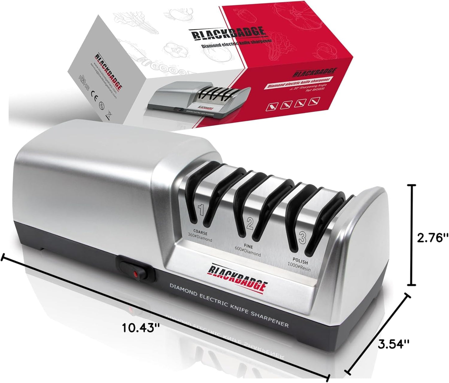 BLACKBADGE Professional Electric Knife Sharpener for Kitchen Knives, 3-Stages Sharpener System with Diamond Abrasives, Quickly Sharpening, Repair/Restore/Polish Blades