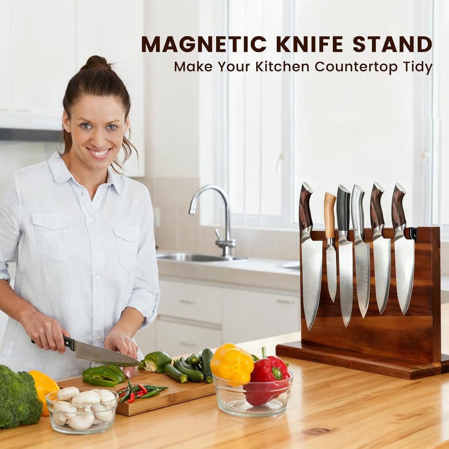 Magnetic Knife Block Natural Acacia Wood Knife Holder Space-Saving Magnetic Strip for Kitchen Knives Self-Sharpening Slot for Maintaining Blade Sharpness Strong Magnet Securely Holds Knives